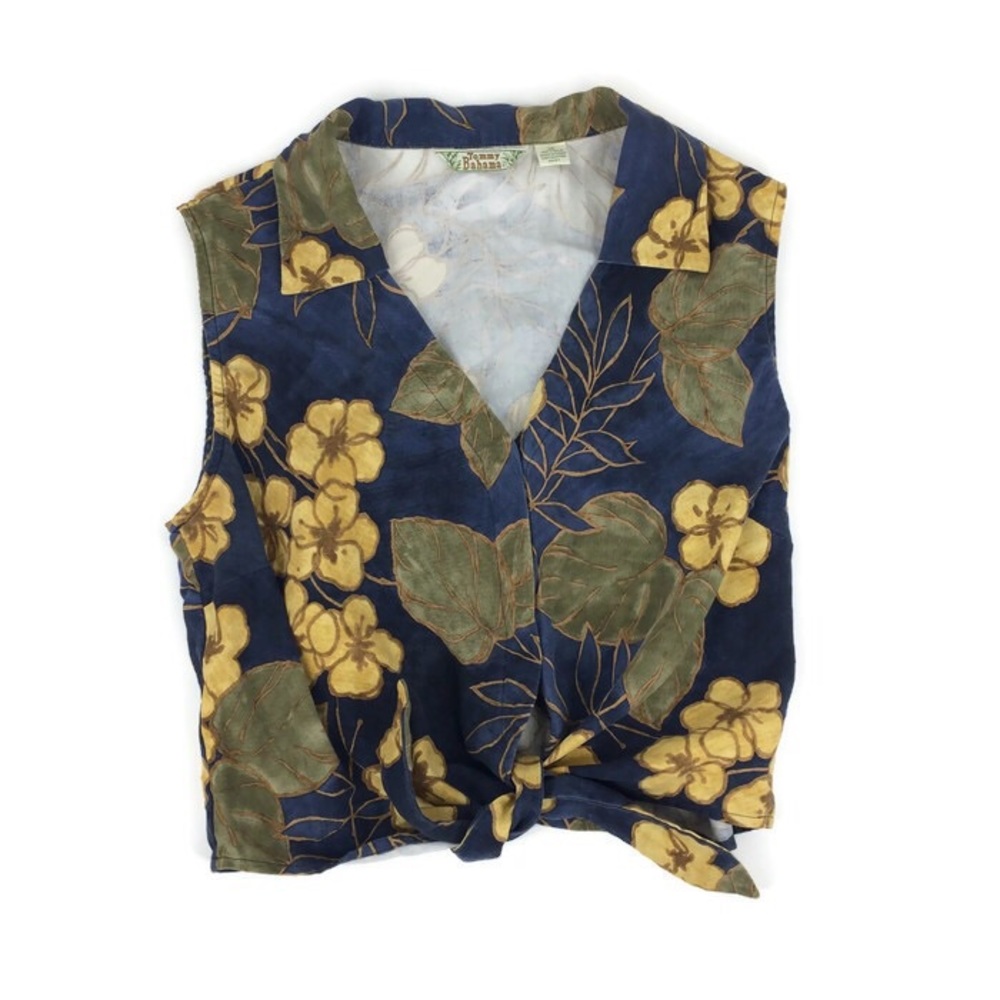 Tommy Bahama 100% Silk Blue Hawaiian Tie Crop Top